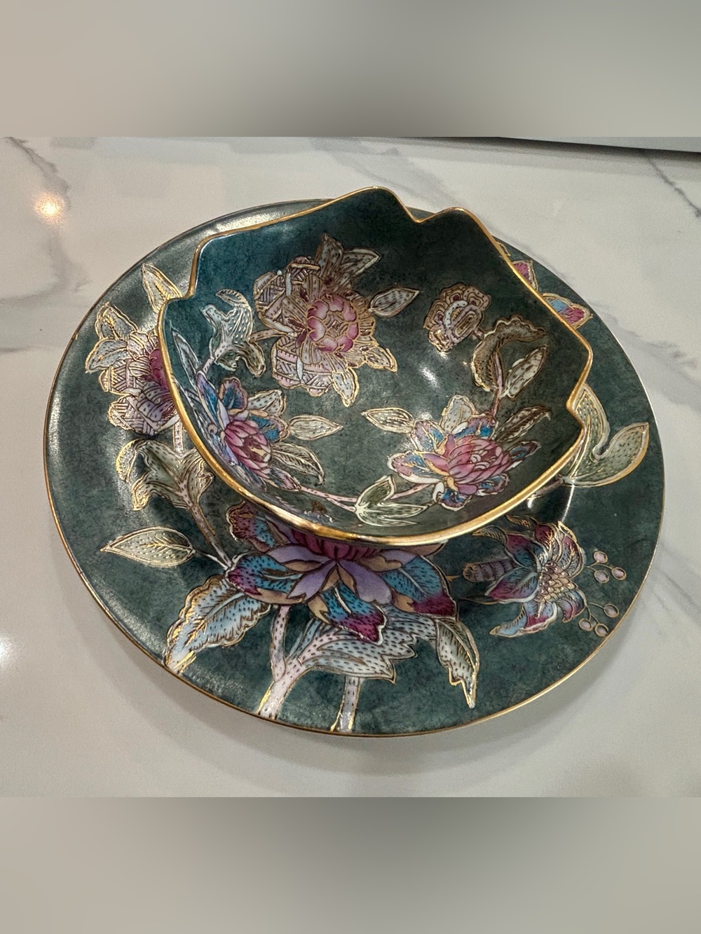 Vintage TOYO Hand-Painted Decorative Plate & Bowl Set, Gold Trim Floral